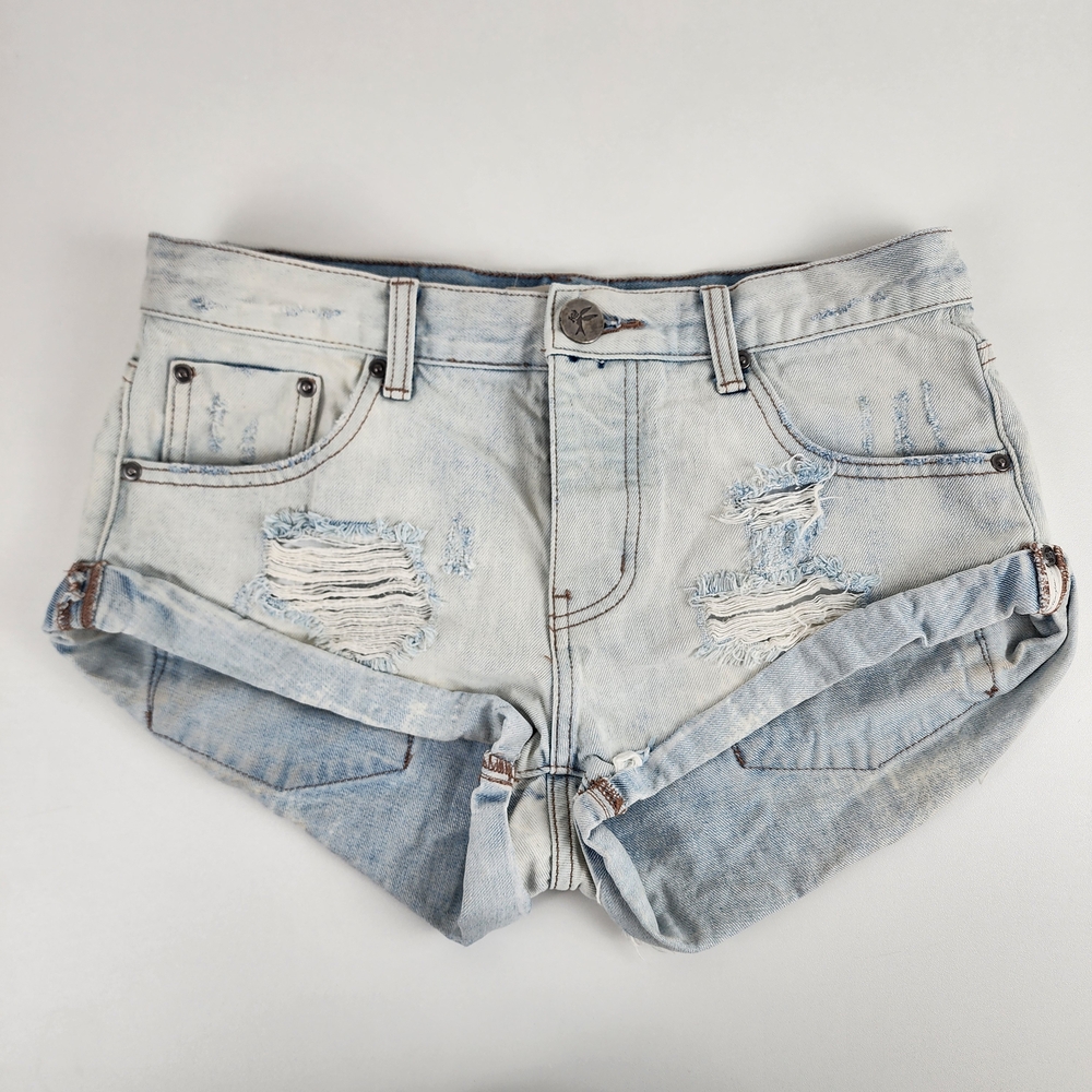 One Teaspoon Faded Blue Ripped Jean Shorts, distressed size 26, Grunge, Bohemian